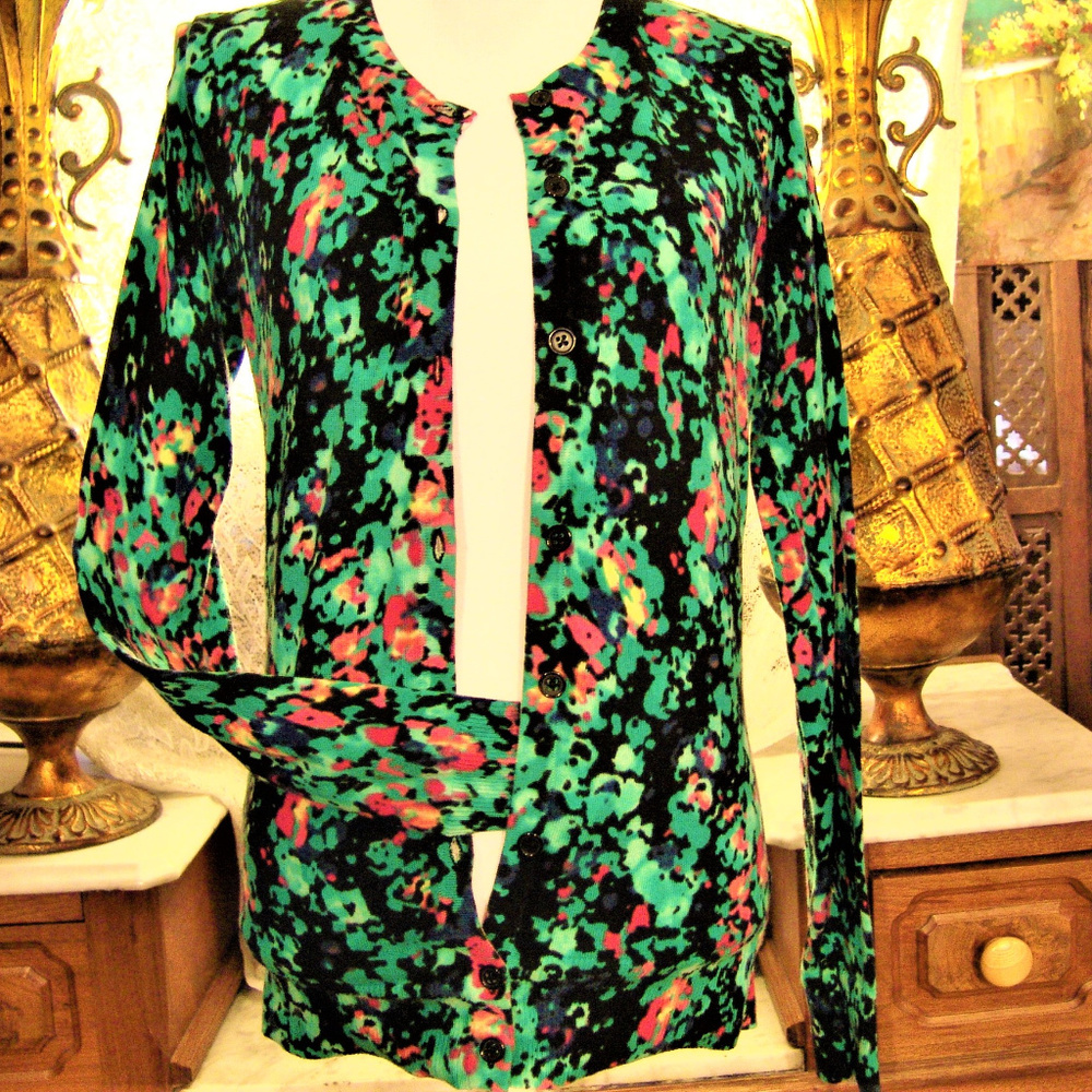 MERONA Multi Teal Floral CARDIGAN Sweater M